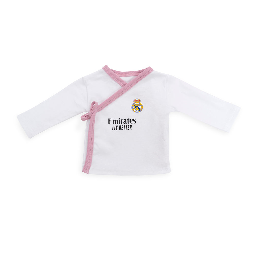 Set Gorro, Camiseta, Polainas, Babero y Manoplas Bebé Rosa Real Madrid