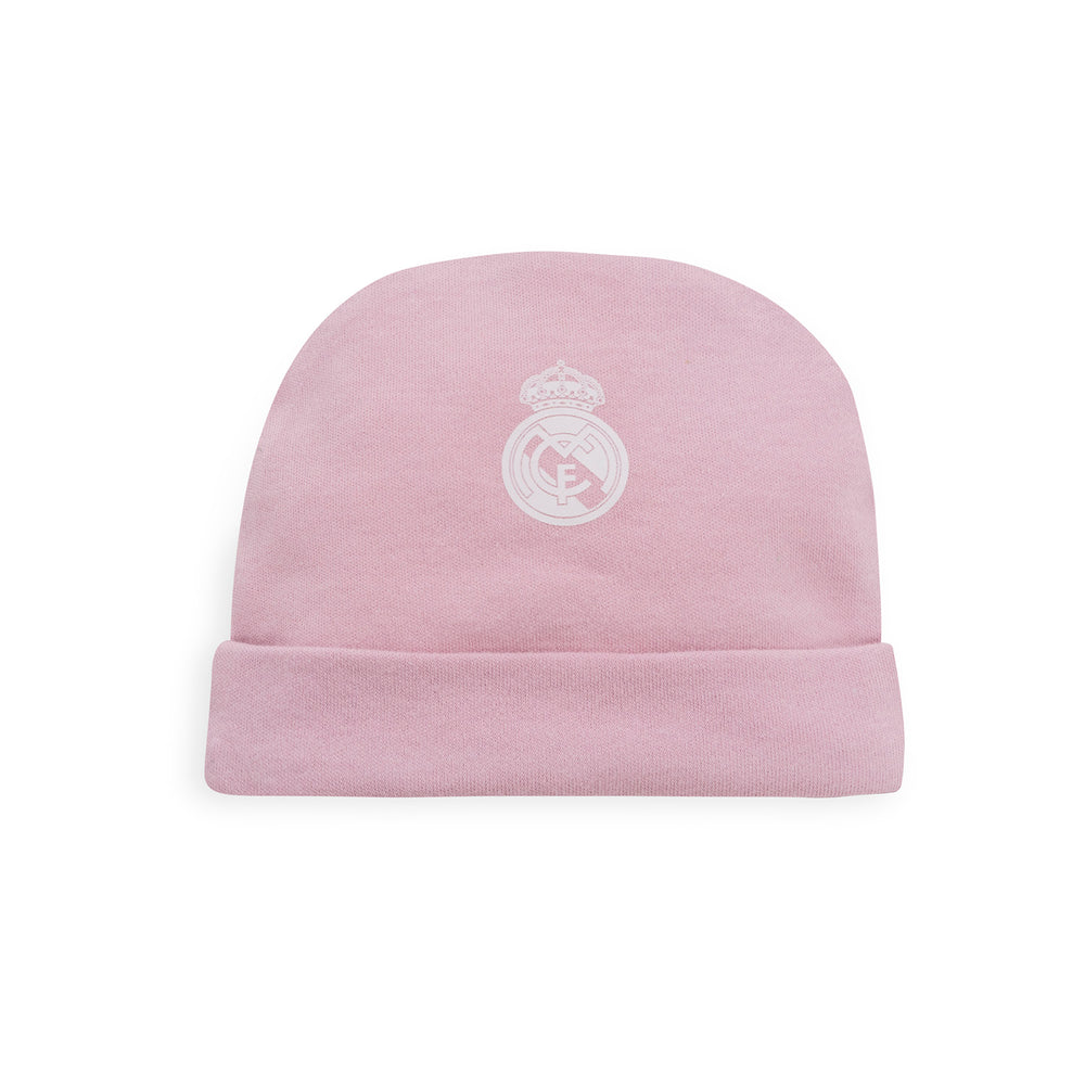 Set Gorro, Camiseta, Polainas, Babero y Manoplas Bebé Rosa Real Madrid